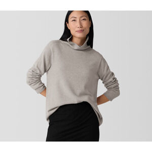 Eileen Fisher Gray Tan Mock Neck 100% Italian Cashmere Box Sweater Size XLarge